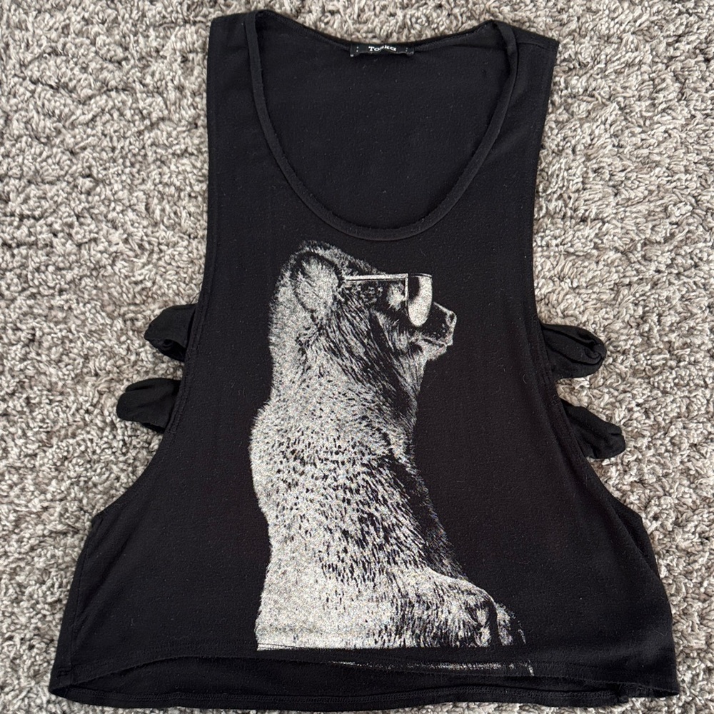 Toska Black Tank Top with Bear Graphic and Side Cutouts.